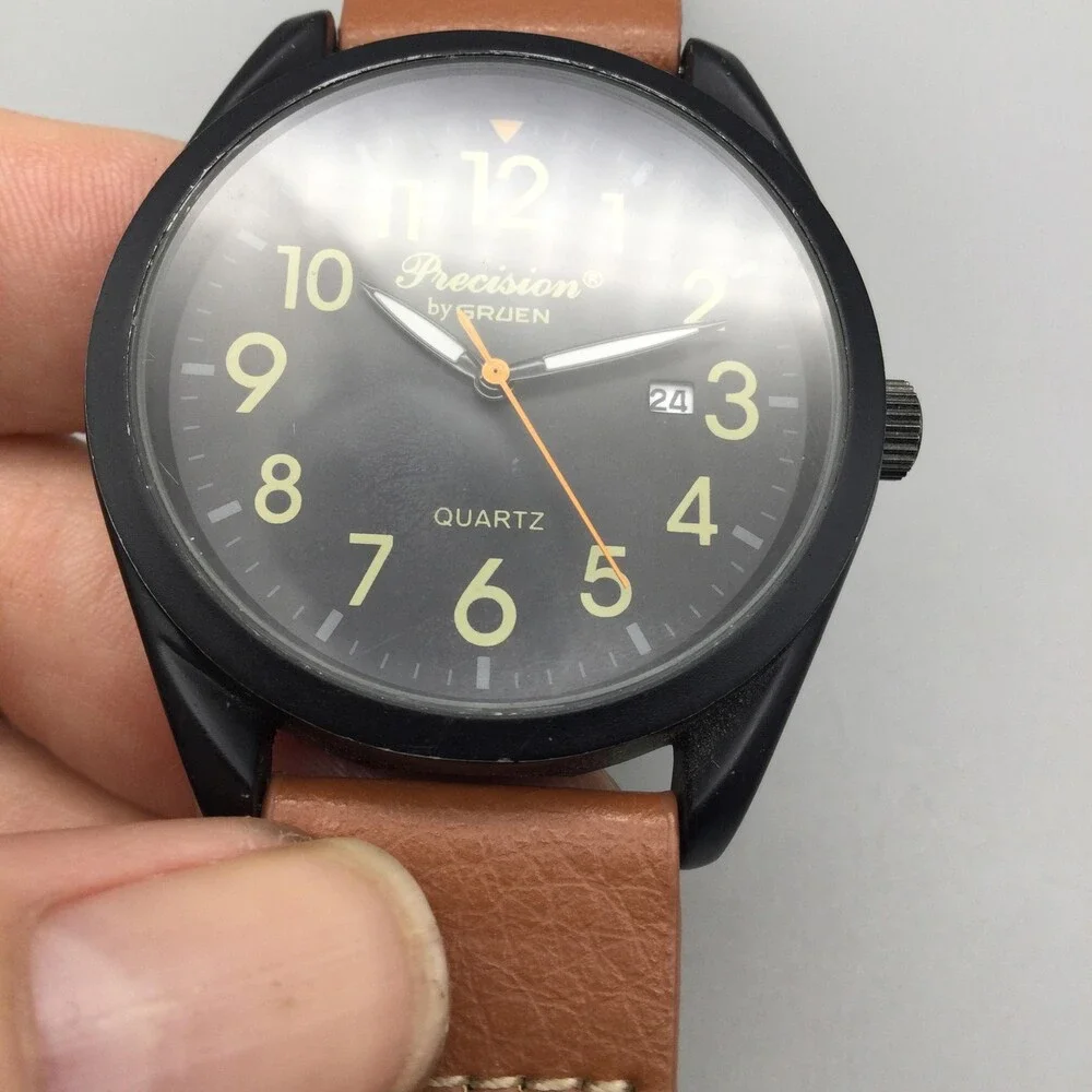 Gruen Precision Mens Watch 41mm Black Dial Brown Band New Battery